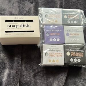 Kitsch Self-Draining Soap Dish with Hair Care Set - White, Purple, Black